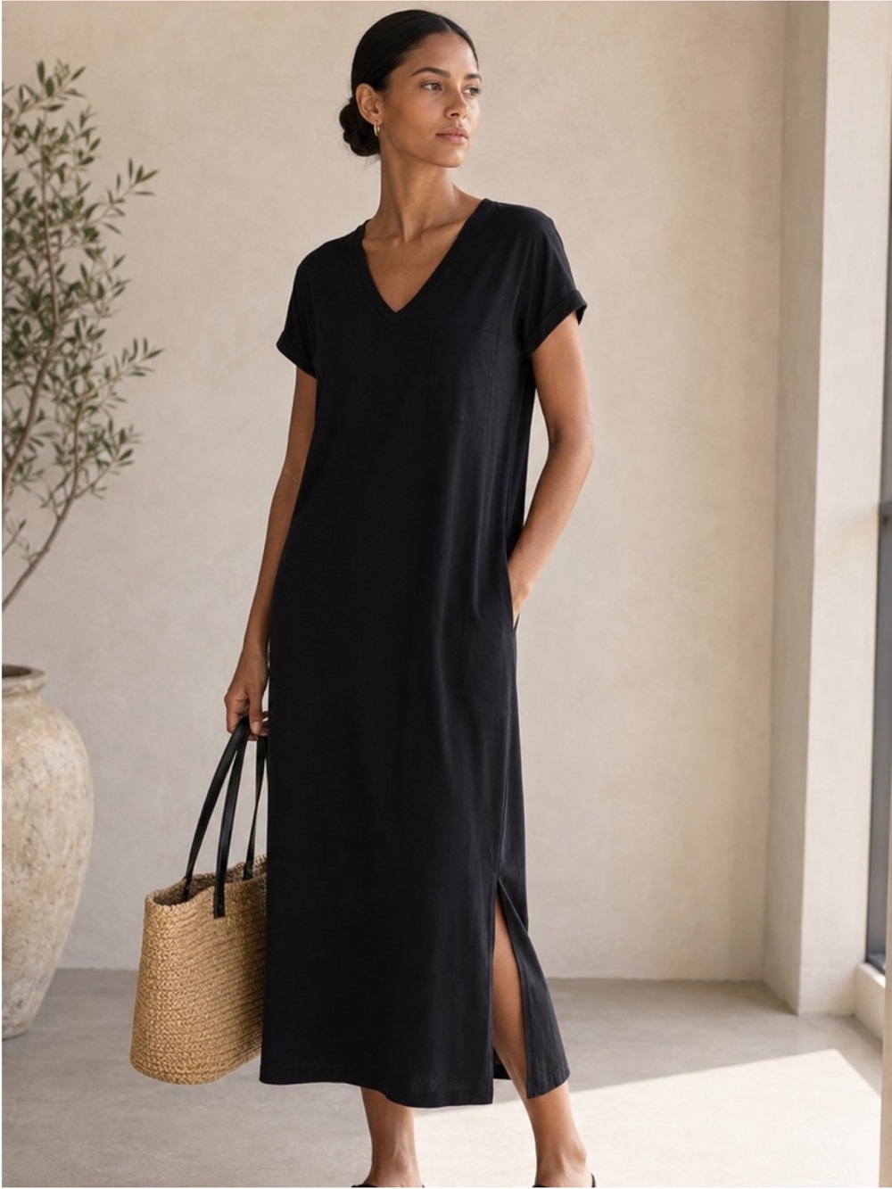 Cuyana Black V-Neck Midi Dress Size Medium